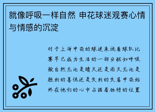 就像呼吸一样自然 申花球迷观赛心情与情感的沉淀 就像呼吸一样自然 申花球迷观赛心情与情感的沉淀