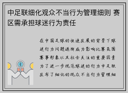 中足联细化观众不当行为管理细则 赛区需承担球迷行为责任 中足联细化观众不当行为管理细则 赛区需承担球迷行为责任